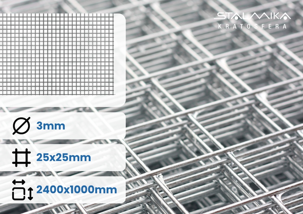 [000366-SZS-Z-D2400-S1000-D25-S25-G3-OO] SIATKA ZGRZEWANA [z drutem brzegowym, 2400x1000, 25x25x3, Ocynk Ogniowy]
