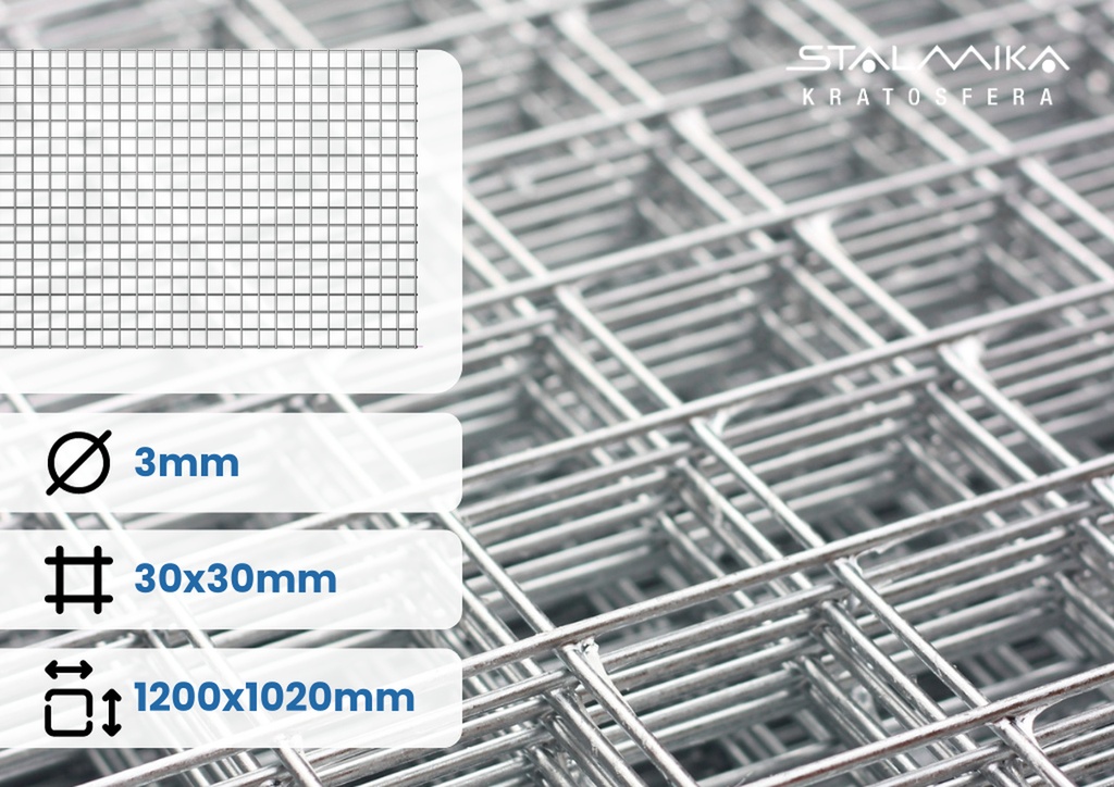 [000385-SZS-ZM-D1200-S1020-D30-S30-G3-OO] SIATKA ZGRZEWANA [z drutem brzegowym (możliwy brak z jednej strony), 1200x1020, 30x30x3, Ocynk Ogniowy]