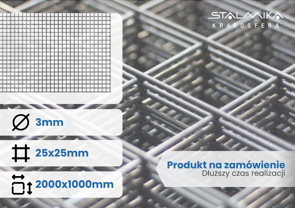 [028206-SZS-D2000-S1000-D25-S25-G3-Z-ST] SIATKA ZGRZEWANA [z drutem brzegowym, 2000x1000, 25x25x3, stalowa]